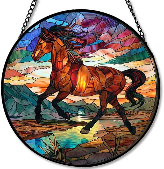 Stained Glass Window Hanging Running Horse 9.8in Sun Catchers Panel for Indoor Decorative Display for Mom Wife Lovers Festive