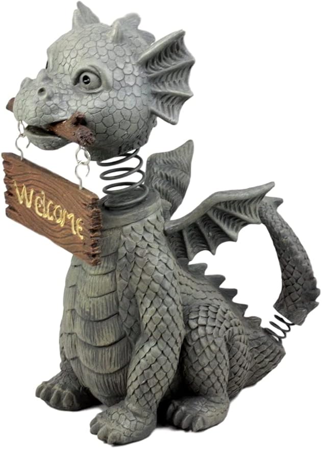 Ebros Gift Bienvenidos Welcome Sign Dragon Garden Greeter Bobblehead Statue Faux Stone Resin Finish 13.25" H