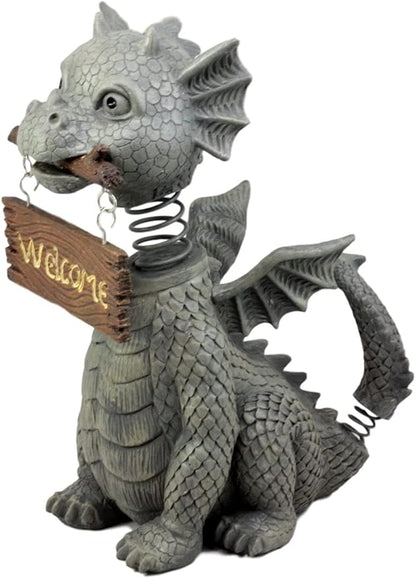 Ebros Gift Bienvenidos Welcome Sign Dragon Garden Greeter Bobblehead Statue Faux Stone Resin Finish 13.25" H