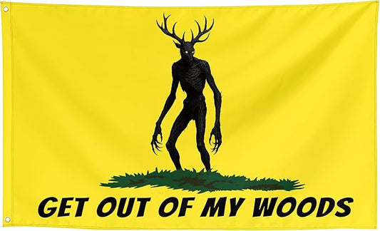 Get Out Of My Woods Funny Cool Wendigo Flags Meme Flags Banner 3x5 FT Room Guys Girls College Dorm Bedroom Frat Man Cave Outdoor Indoor Yellow