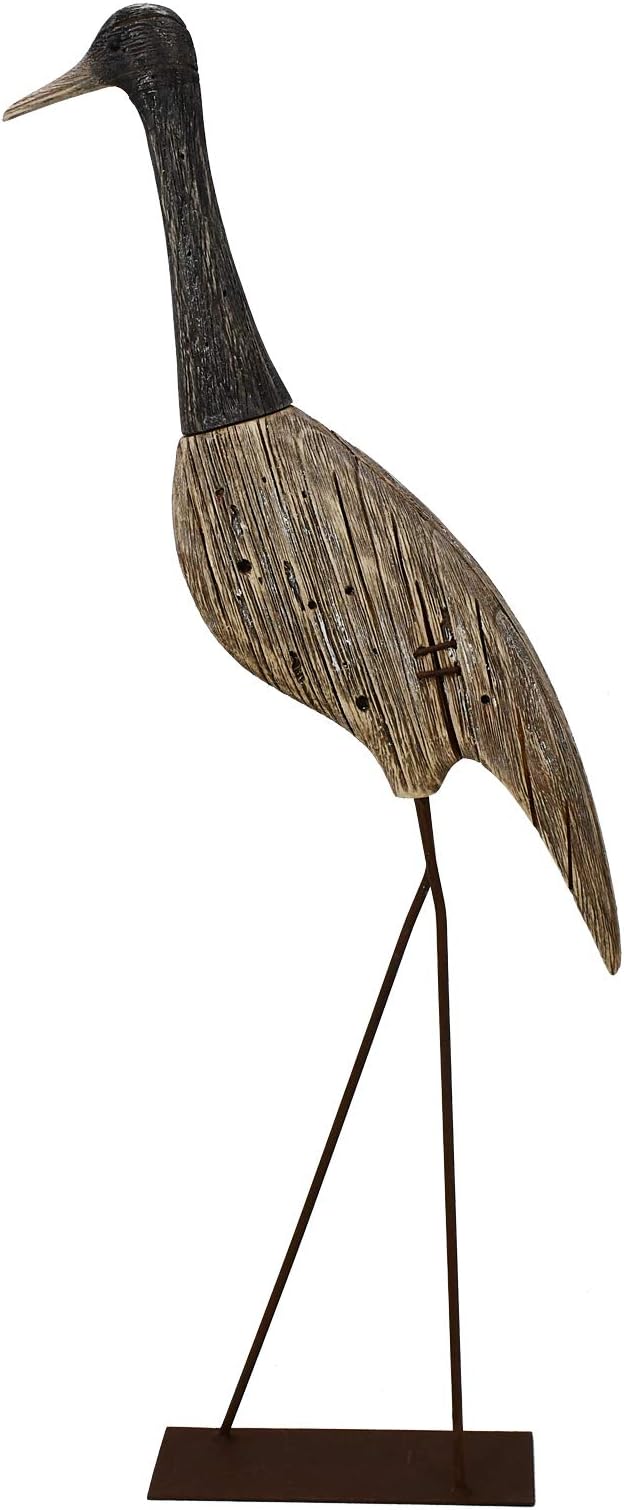 E-view Garden Heron Statue Outdoor Wood Standing Bird Sculptures - Backyard Porch Patio Pond Decorations Yard Art Wooden Heron Lawn Decor, 31Inches High