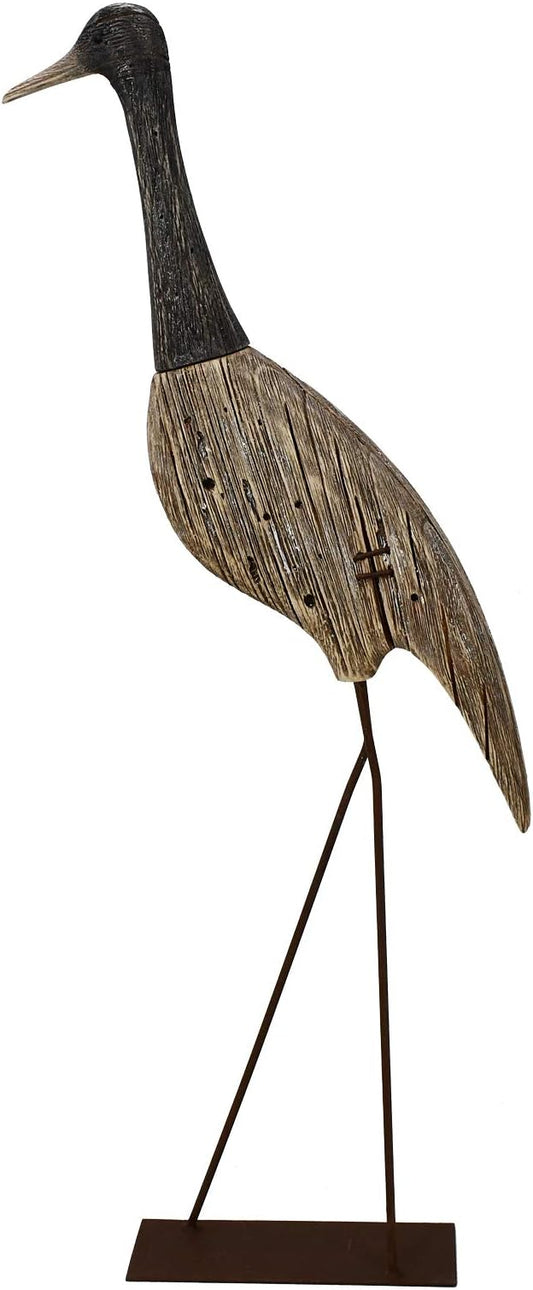 E-view Garden Heron Statue Outdoor Wood Standing Bird Sculptures - Backyard Porch Patio Pond Decorations Yard Art Wooden Heron Lawn Decor, 31Inches High