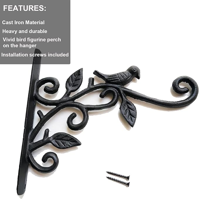 KiaoTime Cast Iron Metal 9.5" Hanging Planter Flower Pots Bracket Bird Feeder Hook Wind Chime Lanterms Hanger with Double Sided Bird for Indoor Outdoor Wall Fence Deck Trees Patio Garden Post Arm