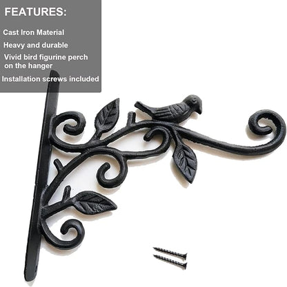 KiaoTime Cast Iron Metal 9.5" Hanging Planter Flower Pots Bracket Bird Feeder Hook Wind Chime Lanterms Hanger with Double Sided Bird for Indoor Outdoor Wall Fence Deck Trees Patio Garden Post Arm