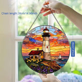 Stained Glass Window Hanging, Ocean Lighthouse Suncatcher for Window Doors Garden Home Decoration, Sunset and Sea Scenery Colorful Glass Panel Ornaments for Women,Men,Wife, Lovers, and Mom 7.8 in