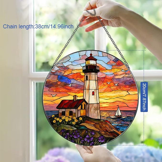 Stained Glass Window Hanging, Ocean Lighthouse Suncatcher for Window Doors Garden Home Decoration, Sunset and Sea Scenery Colorful Glass Panel Ornaments for Women,Men,Wife, Lovers, and Mom 7.8 in
