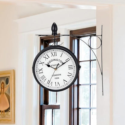 JHY DESIGN 12-Inch Double-Sided Wall Clock Waterproof Indoor Outdoor Clock Hanging Metal Clock Battery Operated Decorative for Home Corner Patio Pool Garden Decor (Black)