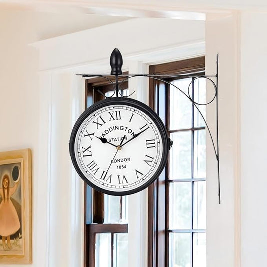 JHY DESIGN 12-Inch Double-Sided Wall Clock Waterproof Indoor Outdoor Clock Hanging Metal Clock Battery Operated Decorative for Home Corner Patio Pool Garden Decor (Black)