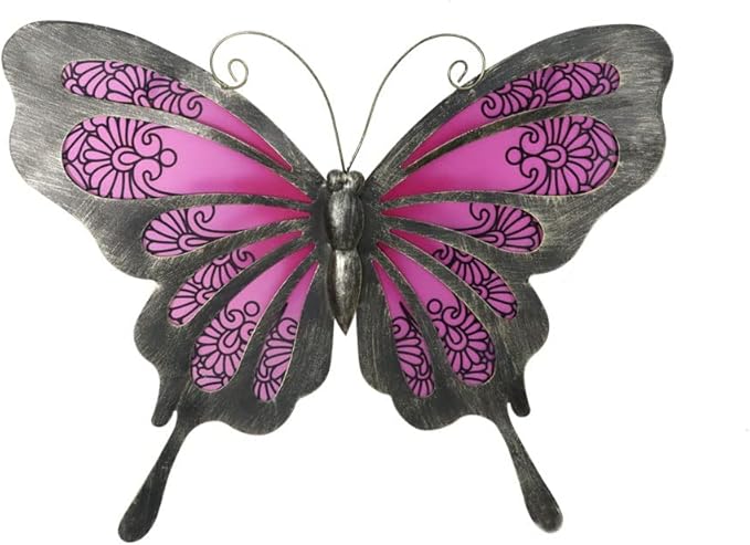 LIFFY Metal Butterfly Wall Decor, 12" Glass Butterfly Outdoor Wall Art, Hanging Garden Decorations for Yard Fence Patio