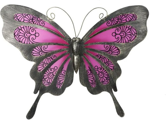 LIFFY Metal Butterfly Wall Decor, 12" Glass Butterfly Outdoor Wall Art, Hanging Garden Decorations for Yard Fence Patio