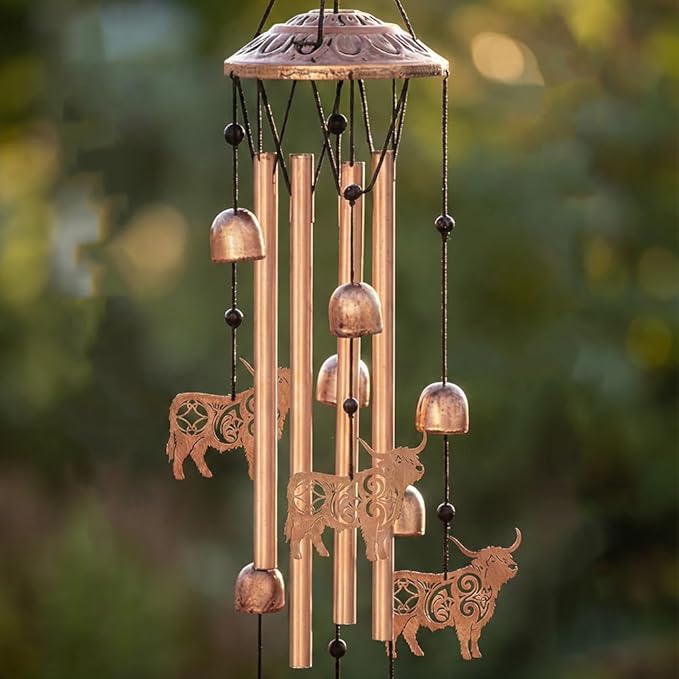 Highland Cow Style Metal Wind Chimes for Outside, Hanging Waterproof Aluminum Windchimes with Hook for Outdoor Garden Patio Porch Decor, 33“ Memorial Wind Chimes Friendship Gifts for Women