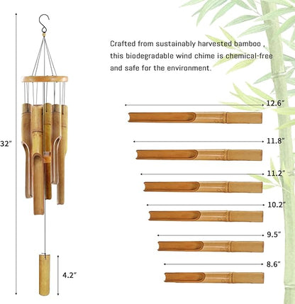 Bamboo Wind Chimes for Outside,Wooden Wind Chimes with Melody Soothing Tone,32" Classic Zen Bamboo Windchime for Porch Patio Garden or Indoor (FSC Certified)