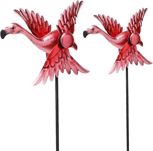 WONDER GARDEN Wind Spinners Outdoor - 2 Pack Small Metal Flamingo Wind Spinner Windmill, Wind Sculpture for Yard Patio Lawn Decor