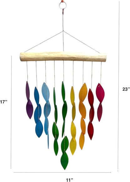 OMA Rainbow Waterfall Glass Wind Chime – Sandblasted Recycled Glass & Driftwood, Handcrafted Large 20″ Chime for Porch, Patio & Home