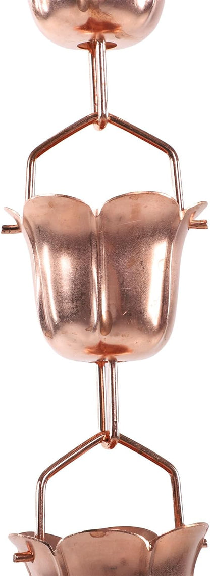 Morning Glory Rain Chain for Gutter with 9 Flower Shaped Cups, Adjustable Metal Decorative Copper Rain Catcher Chain Replacement for Outdoor Garden Eaves Drainage