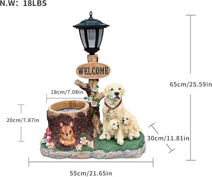 20" Solar Labrador Garden Statue with Welcome Sign & Planter - Large Dog Sculpture with LED Street Lantern - Weatherproof Resin Decorative Flower Pot for Porch, Yard & Patio - Pet Lover Gift
