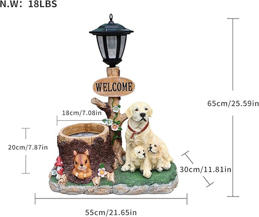 20" Solar Labrador Garden Statue with Welcome Sign & Planter - Large Dog Sculpture with LED Street Lantern - Weatherproof Resin Decorative Flower Pot for Porch, Yard & Patio - Pet Lover Gift