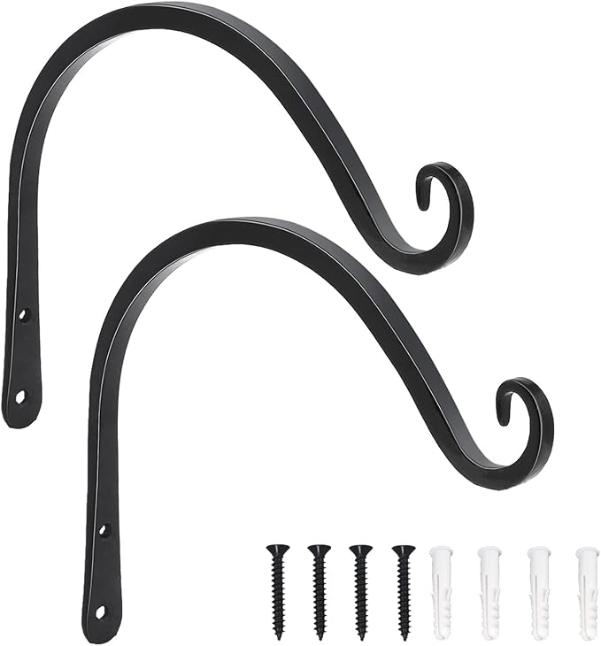 LOOGI Hanging Plant Bracket, Wall Hook Plant Hanger Decorative Hooks for Indoor Planter Lantern, Outdoor Bird Feeder Wind Chime, 2 Pack Black (8 Inch C)