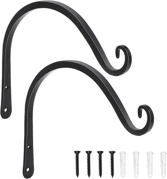 LOOGI Hanging Plant Bracket, Wall Hook Plant Hanger Decorative Hooks for Indoor Planter Lantern, Outdoor Bird Feeder Wind Chime, 2 Pack Black (8 Inch C)