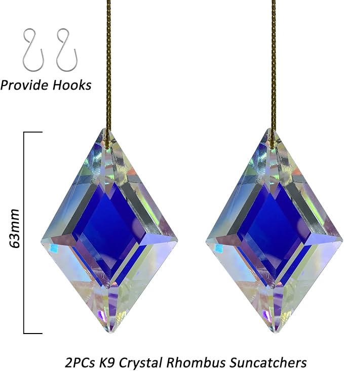 2PCS Simple Geometry Crystal Sun Catcher Prisms, stino Hanging Suncatchers with Glass Prism, Rainbow Maker for Windows, Balcony, Kitchen, Garden Decoration (1, Rhombus ABColor 2Pcs)