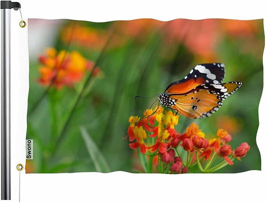 Swono Orange Black Butterfly Flag Orange Flower Bouquet Garden Spring Summer Outdoor Garden Flag Indoor Flag Home Decor Standing Farm Flag Banner 3x5ft