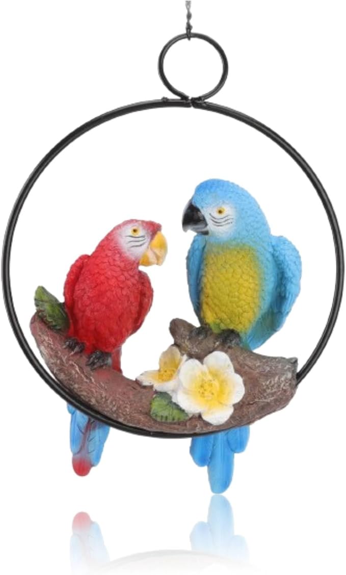 Garden Iron Ring Parrot Pendant, Hanging Parrot Sculpture, Garden Iron Ring Parrot Pendant, Parrot Statue On Metal Ring Garden Bird Hanging Chain Statue Decor Small Red Blue Macaw for Patio Home