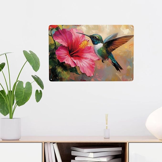 Cafemira Bird &Hibiscus flower Metal tin sign,home Art Decor poster,Wall Decoration Tinplate plaque,for living room,cafe,Bedroom,Garden,Yard,Patio,8x12 Inch,gift for friend family,easy to hang