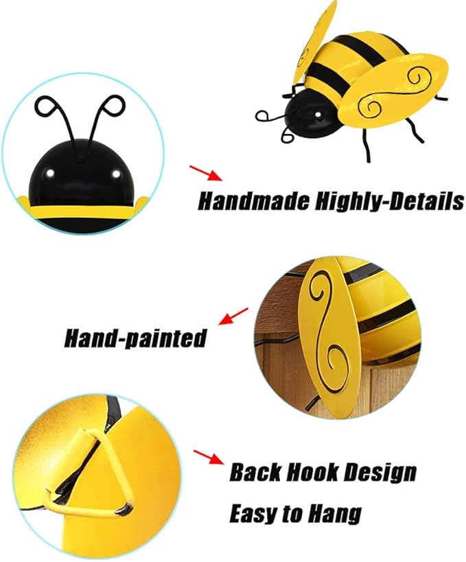 Metal Bumble Bees Garden Outdoor Decor Honey Bee Yard Art Outside Patio Fence Home Wall Decorations (Set of 4)