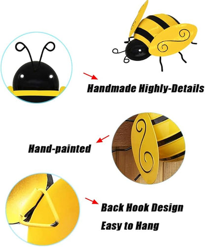 Metal Bumble Bees Garden Outdoor Decor Honey Bee Yard Art Outside Patio Fence Home Wall Decorations (Set of 4)
