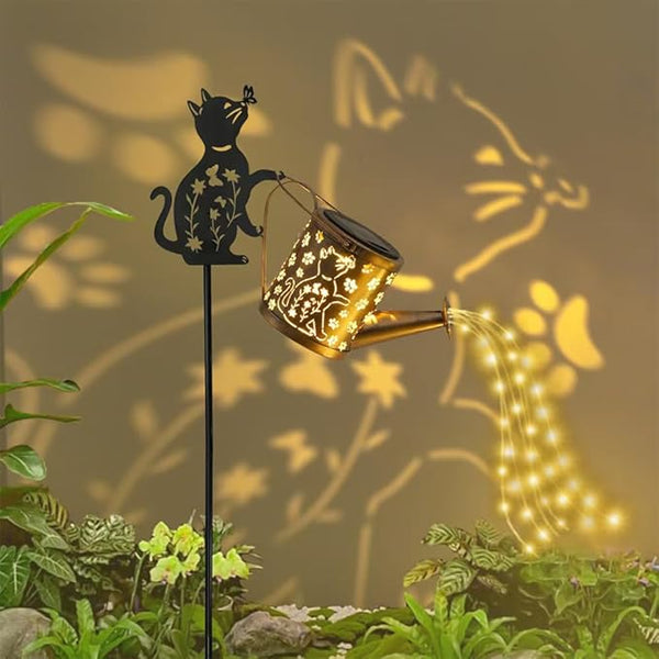 Solar-Powered Cat Watering Can Projection Lights with Metal Cat Statue Silhouette Pillar Garden Feature Light, for Christmas, Mother's Day, Birthday Gifts, Garden, Lawn, Courtyard Decorations.