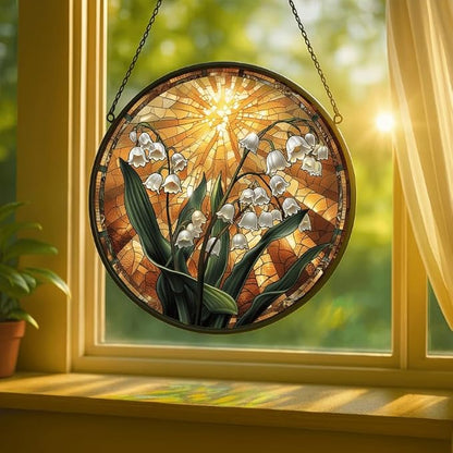 Stained Glass Window Hanging Lily of The Valley with Sunburst 11.8in Floral Sun Catcher, Vintage Rustic Home Decor
