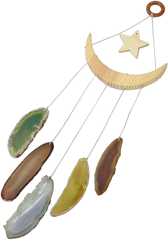 Nupuyai Wind Chimes - Unique Agate Slices Geode Stone Wind Chimes Indoor Outdoor, Healing Stone Windchime Hanging Ornament for Home Garden, 15.7-19.7'', Rainbow Agate