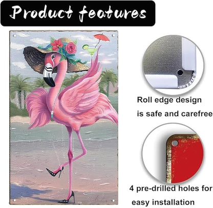 TRENDSTHAN Funny Vintage Metal Signs Pink Flamingo Wall Art Decor Posters Retro Tin Sign Beautiful Flamigos Lady Morden Home Man Cave Garage Restroom Bathroom Decorations Hanging Plaque 12x8 Inch