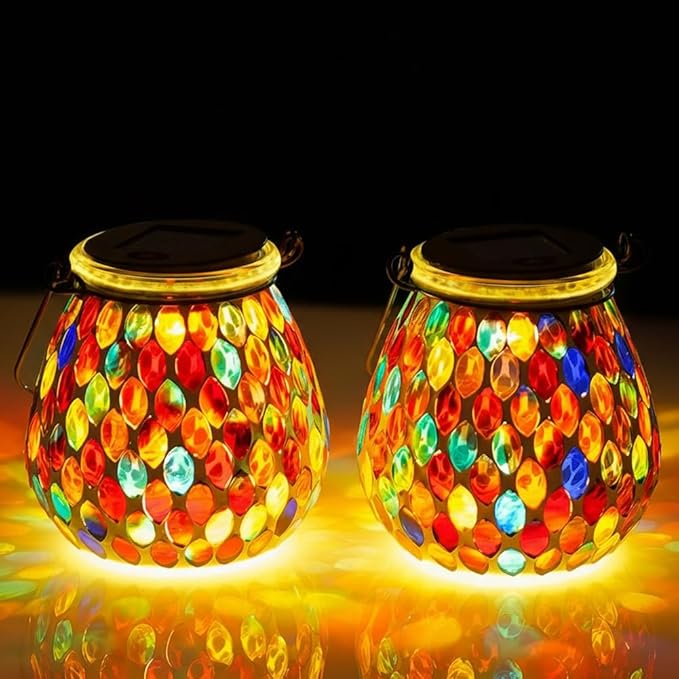 Starsoul 2 Pack Solar Lanterns Outdoor Waterproof, Exquisite Colorful Mosaic Glass Solar Garden Decor, Gifts for Women Mom Grandma
