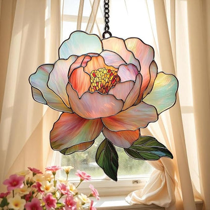 Acrylic Suncatcher Colorful Window Hanging Ornament Sun Catcher Panel for Home Decor Car Garden Gift Peony Birth Flower Faux Stained Glass Suncatcher