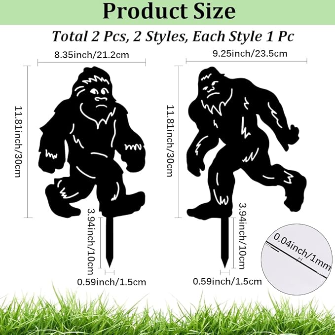 CREATCABIN 2Pcs Black Orangutan Stake Metal Big Foot Garden Decor Art Silhouette Statues Garden Decorative Ground Insert Lawn Ornaments for Outside Outdoor Big Foot Sasquatch Gifts 8/9x11.8Inch