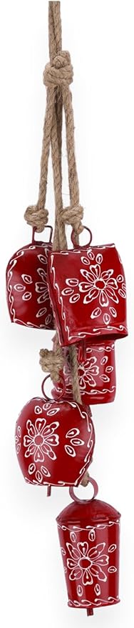 Cow Bell Wind Chime 25” Long- 5 Rustic Jingle Bells for Christmas Decor, Garden, Door Knob, Porch, Farmhouse, Meditation, Boho Hanging Bells, Metal Vintage Chime for Outdoor & Indoor (Red)