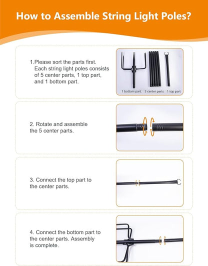 MuliVid 6 Pack 9FT String Light Poles for Outdoor,Metal Lights Hanging Pole Outside with Fork,Light Stand for Patio, Pergola, Garden, Backyard, Yard, Camping Party