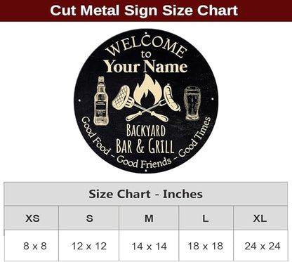 MeMate Outdoor Decor - Personalized Metal Bar and Grill Sign for Patio, Porch, Deck - BBQ Beverage Housewarming Gifts