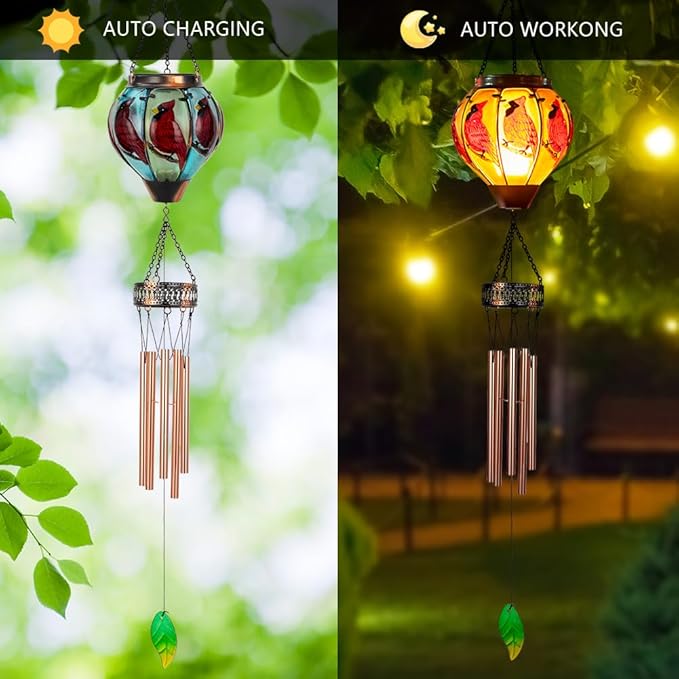 Starsoul Solar Wind Chimes for Outside, Cardinal Hot Air Balloon with Flickering Flame Solar Wind Chime, Glass Windchimes Outdoors Garden Decor, Gift for Mother's Day Mom Grandma