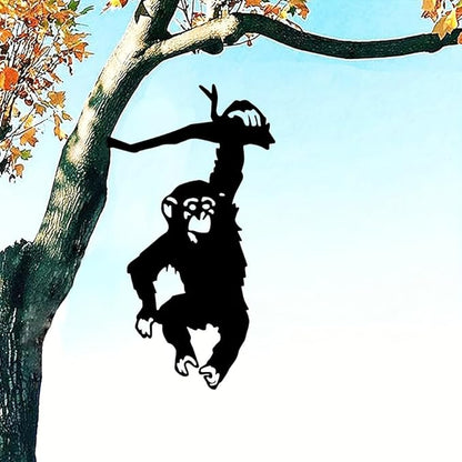 FJXQTCXD Hanging Monkey Tree Stump Plug-in Art Silhouette Metal Wall Art Home Garden Yard Patio Outdoor Statue, Yard Art Decor