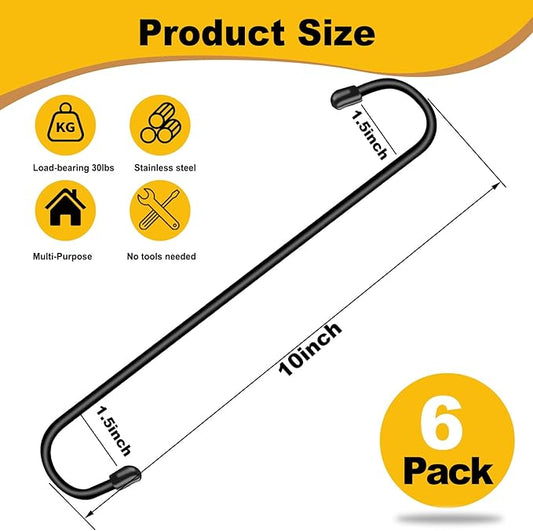 Dpyrrhic 6 Pack 10 Inch Large S Hooks for Hanging Plants,Black Extra Matel Heavy Duty Hook for Hang Brsket,Bird House,Clothes,Kitchenware