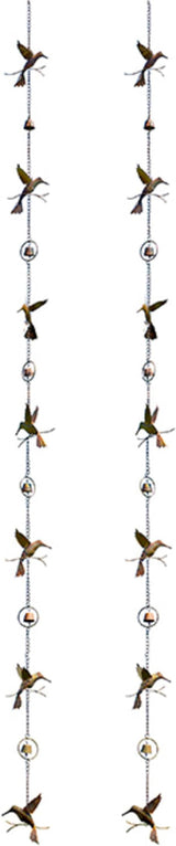 BestNest Ancient Graffiti Hummingbird & Bell Rain Chains, Pack of 2 Steel Decorative Downspout Alternatives, Flamed Copper Finish, Gutter Clip Included, 92” H Each