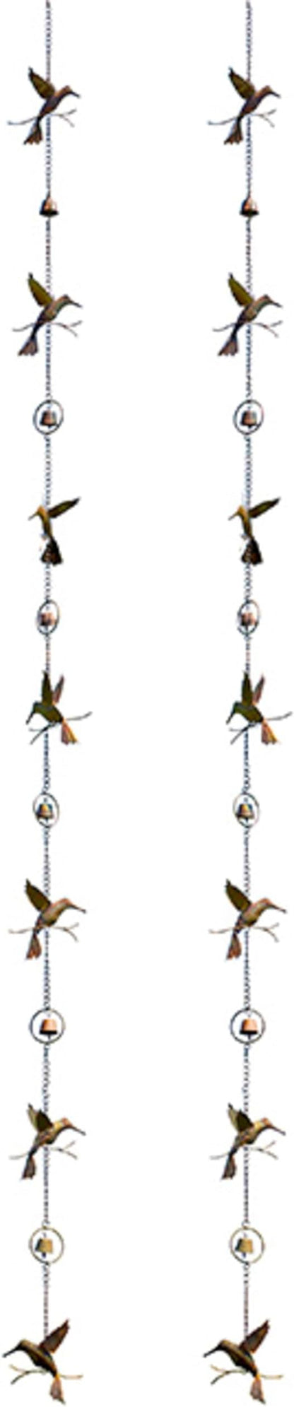 BestNest Ancient Graffiti Hummingbird & Bell Rain Chains, Pack of 2 Steel Decorative Downspout Alternatives, Flamed Copper Finish, Gutter Clip Included, 92” H Each