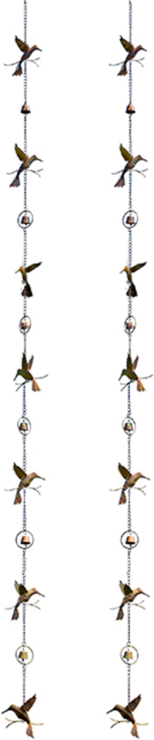 BestNest Ancient Graffiti Hummingbird & Bell Rain Chains, Pack of 2 Steel Decorative Downspout Alternatives, Flamed Copper Finish, Gutter Clip Included, 92” H Each