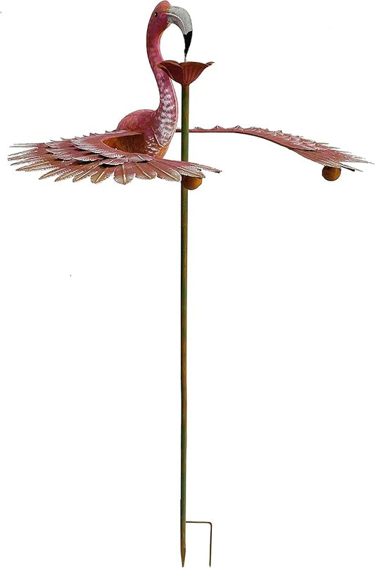Metal Rustic Flamingo Spinning Balancer Garden Stake Outdoor Wind Sculpture Kinetic Movement Yard Art Center Piece