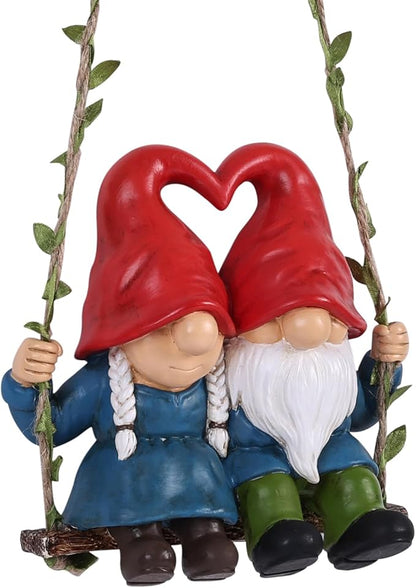 Valentine Gnome Couple on Swing, Cute Wedding Gnomes Figurines for Home & Garden Décor, Romantic Gnomes for Yard, Outdoor Gnome Statues for Porch, Patio, Tree Decorations