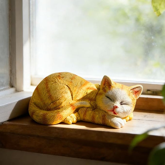 Garden Outdoor Decor Cats Statue, Sleeping Cat Figurines Garden Statues & Sculpture Decor for Patio, Porch and Lawn, Cat Memorial Stone Gifts for Lover and Womens Orange