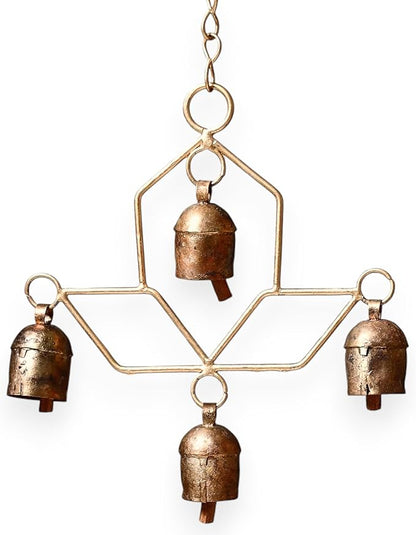 Handmade Wind Chime Bell – Rustic Hanging 4 Bell for Porch, Garden, Balcony, Christmas Decor – Farmhouse Jingle Bells, Witch Bells, Lucky Cow Bells, Boho Ornament Indoor Outdoor - 8 x 4 Inch