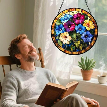 Stained Glass Window Hanging - The Blooming Morning Glory 7.8 Inches Suncatcher for Garden Home Decor for Women Mon Grandma Friends
